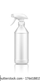 Pistola de pulverización plástica sanitiza la mockup del frasco aislada sobre fondo blanco. Diseño de empaque. Plantilla de contenedor de productos cosméticos, de limpieza o de higiene en blanco. 3.ª ilustración vectorial realista