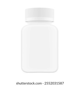Mockup de garrafa quadrada de plástico com tampa resistente à criança redonda e rótulo para guloseimas, vitaminas, suplementos isolados sobre fundo branco. Ilustração de vetor.Mockup é ideal para projetos de saúde. EPS10