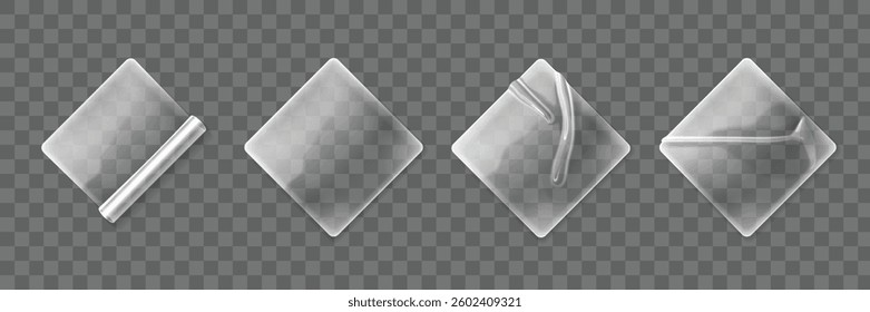 Plastic stickers set isolated on transparent background. Vector realistic illustration of square sticky labels with peeled edge, crumpled surface, light reflection on glossy film, cellophane patch