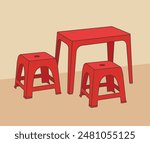 Plastic stool chair and table, ghe dau, street food chair. Vector illustration.