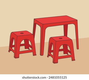 Silla de taburete de plástico y mesa, el día, silla de comida de la calle. Ilustración vectorial.