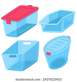 Plastic storage bins and containers vector cartoon set isolated on a white background.