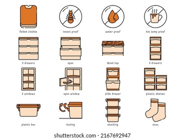 plastic storage icon set with drawers, box and many benefits.
