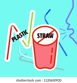 Plastic straw flat icon as a colorful gimmick to present say no typographic. Vector illustration.