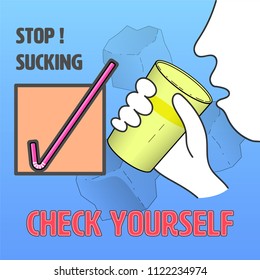 Plastic straw flat icon as a gimmick to check yourself for plastic habit. Stop sucking concept. Vector illustration.