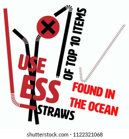 Plastic Straw Flat Icon Typographic Design. Use Less Straws Concept. Vector Illustration.