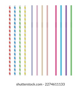 Plastic straw striped flexible accessory beverage drinking summer cocktail set realistic vector illustration. Colorful pipe tubes line ornament design refresh drink soda cola water juice cocktail