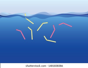 Plastic straws floating on the water vector