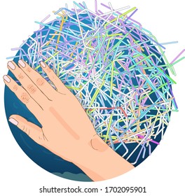 Las pajas plásticas del planeta aislaron el fondo blanco. El concepto de ecología y el Día Mundial de la Limpieza. 