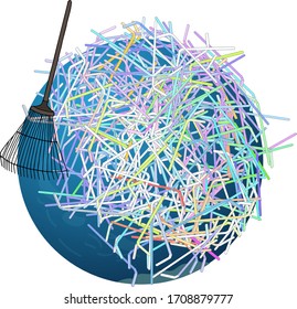 The plastic straws on the planet  isolated white background. The concept of ecology and the World Cleanup Day. 