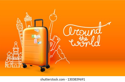 Plastic suitcase with different travel stuff silhouettes. Around the world