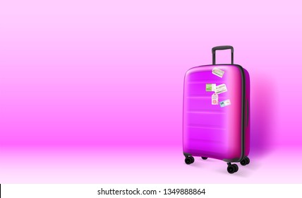 Maleta de plástico sobre fondo violeta. Copyspace. Ilustración del vector