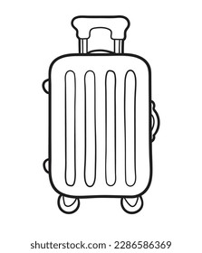 Plastic suitcase on the wheels line drawing. Vector outline illustration isolated on white background. 