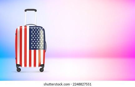 Plastic suitcase with USA flag. 3d vector banner with copy space