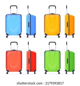 Plastic suitcase wheels. Tourism travel handle bag, luggage wheel trolley airport large zip baggage, travelling hotel polycarbonate suitcases carry, neat vector illustration of luggage and suitcase