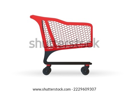 Plastic supermarket pushcart. Side view of realistic shopping cart or trolley. Empty modern shopping cart. Vector illustration