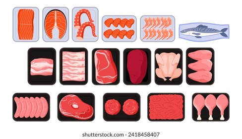 Plastic supermarket trays with meat and fish set. Vacuum pack and black containers top view, collection of frozen and fresh food products portions for cooking and storage cartoon vector illustration