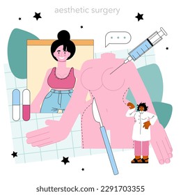 Plastic surgeon. Aesthetic body correction. Implant and liposuction procedure. Doctor making injections or incision inserting implant. Flat vector illustration