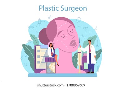 Plastic surgeon concept. Idea of body and face correction. Rhinoplastyin hospital and anti-aging procedure. Vector illustration in cartoon style