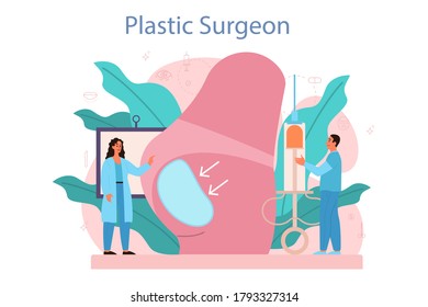 Plastic surgeon concept. Idea of body correction. Implant and liposuction hospital and anti-aging procedure. Vector illustration in cartoon style