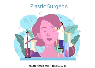 Concepto de cirujano plástico. Idea de corrección corporal y facial. Hospital de rinoplastina y procedimiento antienvejecimiento. Ilustración vectorial en estilo de caricatura