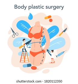 Plastic surgeon concept. Idea of body correction. Implant and liposuction hospital and anti-aging procedure. Vector illustration in cartoon style