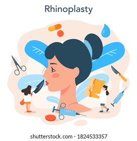Plastic surgeon concept. Idea of body and face correction. Rhinoplastyin hospital and lip fillers. Vector illustration in cartoon style