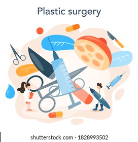 Plastic surgeon concept. Idea of body and face correction. Rhinoplastyin hospital and lip fillers. Vector illustration in cartoon style