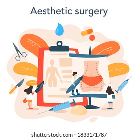 Plastic surgeon concept. Idea of body correction. Implant and liposuction hospital and anti-aging procedure. Vector illustration in cartoon style