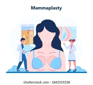 Plastic Surgeon Concept. Idea Of Body And Face Correction. Mammaplasty Procedure. Vector Illustration In Cartoon Style