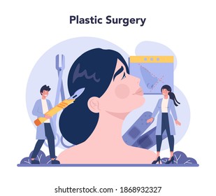 Concepto de cirujano plástico. Idea de corrección corporal y facial. Procedimiento de flexibilización y antienvejecimiento. Ilustración vectorial en estilo de caricatura