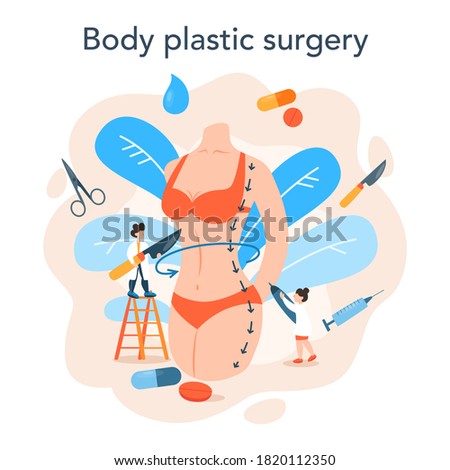 Plastic surgeon concept. Idea of body correction. Implant and liposuction hospital and anti-aging procedure. Vector illustration in cartoon style