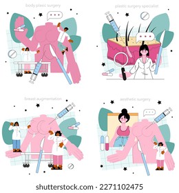 Plastic surgeon concept set. Aesthetic body correction. Implant and liposuction procedure. Doctor making injections or incision inserting implant. Flat vector illustration