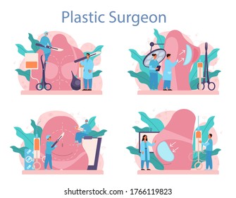 Plastic surgeon concept set. Idea of body correction. Implant and liposuction hospital and anti-aging procedure. Vector illustration in cartoon style