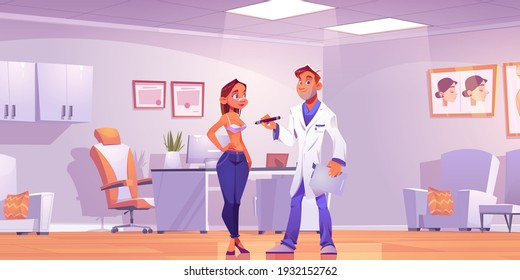 Plastic surgeon consulting woman about breast lift or augmentation operation in clinic room. Vector cartoon illustration of doctor office, man medic and female patient. Mammoplasty beauty surgery svg