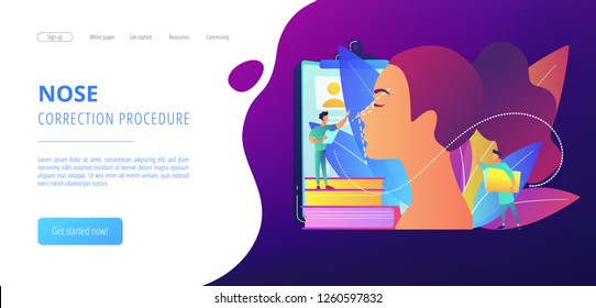 Plastic surgeon correcting the form of the woman nose for rhinoplasty. Rhinoplasty, nose correction procedure, surgical rhinoplasty concept. Website vibrant violet landing web page template.