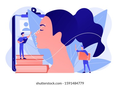 Plastic surgeon correcting the form of the woman nose for rhinoplasty. Rhinoplasty, nose correction procedure, surgical rhinoplasty concept. Pinkish coral bluevector isolated illustration