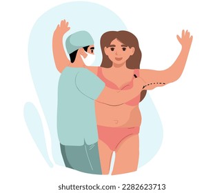 
The plastic surgeon draws preoperative marks on the patient's arms. Aesthetic liposuction. Abdominoplasty. Vector illustration