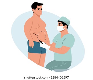 A plastic surgeon draws preoperative marks on the belly of a male patient. Aesthetic liposuction. Abdominoplasty. Vector illustration