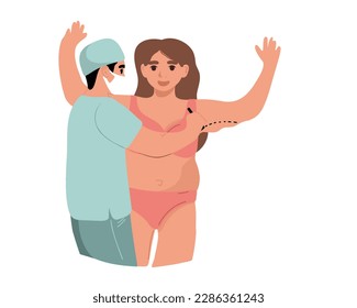 
El cirujano plástico dibuja marcas preoperatorias en los brazos del paciente. Liposucción estética. Abdominoplastia. Ilustración del vector