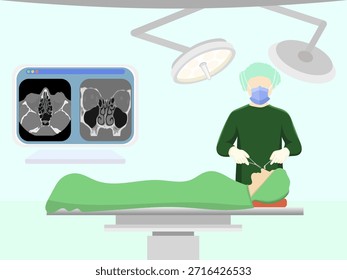 Cirujano plástico o otorrinolaringólogo durante la cirugía de nariz con pantallas de tomografía coronal y transversal, cirujano plástico que realiza rinoplastia estética en la sala de operaciones con tomografía computarizada de los senos paranasales en el monitor