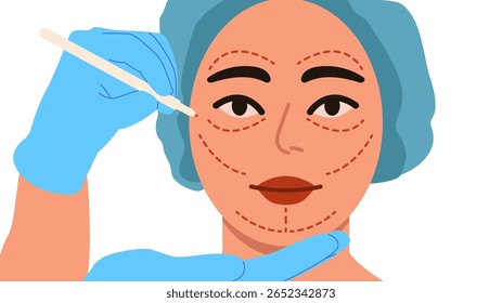 Cirurgião plástico segurando linhas de incisão de lápis com marcador na face feminina