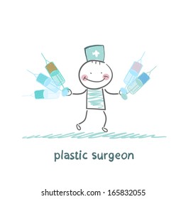 plastic surgeon holding syringe and stands next to the patient