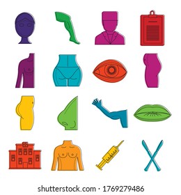 Plastic surgeon icons set. Doodle illustration of vector icons isolated on white background for any web design