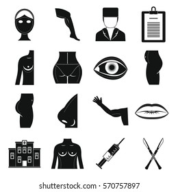Plastic surgeon icons set. Simple illustration of 16 plastic surgeon vector icons for web