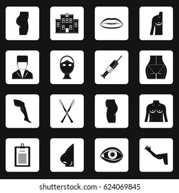 Plastic surgeon icons set in white squares on black background simple style vector illustration