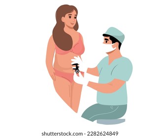 A plastic surgeon measures the percentage of subcutaneous fat using a caliper. Aesthetic liposuction. Abdominoplasty. Vector illustration