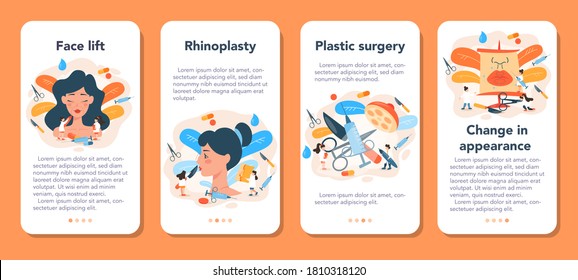 Juego de banners para aplicaciones móviles de cirujano plástico. Idea de corrección corporal y facial. Hospital de rinoplastina y rellenos de labios. Ilustración vectorial en estilo de caricatura