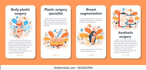 Juego de banners para aplicaciones móviles de cirujano plástico. Idea de corrección corporal. Hospital de implantes y liposucción y procedimiento antienvejecimiento. Ilustración vectorial en estilo de caricatura