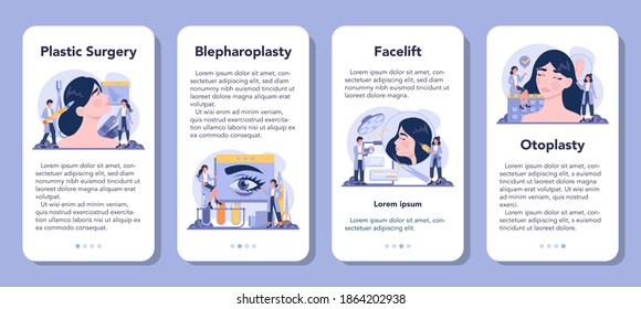 Plastic surgeon mobile application banner set. Idea of body and face correction. Facelifting and anti-aging procedure. Vector illustration in cartoon style